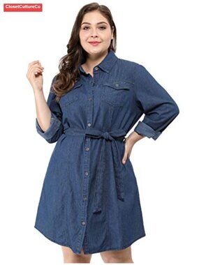 Plus Size Denim Shirt Dress Long Sleeve Button Down Midi with Tie Belt